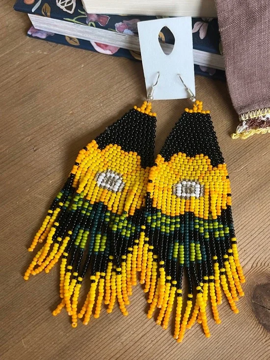 Handmade Beaded Sunflower Fringe Earrings - Yellow & Black - Picture 2 of 13